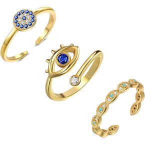 Lit Wall 3Pcs Evil Eye Rings for Women 18K Gold Plated Cubic Zirconia Open Ring Set Adjustable Eye Ring for Women