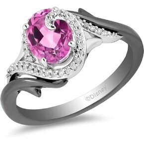 Jewelili Enchanted Disney Fine Jewelry Sterling Silver with Black Rhodium 1/10 CTTW Diamond and Pink Topaz Maleficent Ring