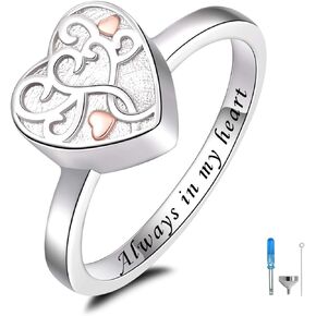 925 Sterling Silver Heart Tree of Life Flower Cremation Urn Ring for Ashes for Women Hold Loved Ones Finger Ring Memorial Keepsake Jewelry