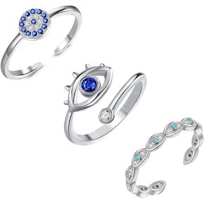 Lit Wall 3Pcs Evil Eye Rings for Women 18K Gold Plated Cubic Zirconia Open Ring Set Adjustable Eye Ring for Women