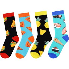 ALANGDUO Kids Boys Girls Novelty Crew Socks, 4 Pack Funny Crazy Cotton Socks for Kids, Cute Food Cartoon Casual Crew Socks, Funky Dress Stockings for Children Aged 6-10 Years Old