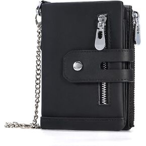 boshiho Mens Wallet with Chain RFID Blocking Genuine Leather Double Zipper Bifold Wallet with Coin Pocket Purse & 2 Anti-Theft Chain (BLACK) in Kuwait