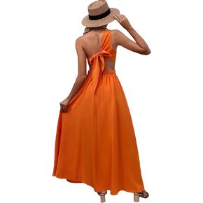 MakeMeChic Women's One Shoulder Sleeveless Cut Out Tie Back A Line Split Long Maxi Dress