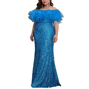 dasmzper Women's Sexy Off Shoulder Sequin Mermaid Dress Lace Sleeves Party Cocktail Bodycon Maxi Dress