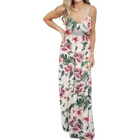 PRIMODA Women's Summer Casual Sleeveless V Neck Adjustable Spaghetti Strap Maxi Long Dress