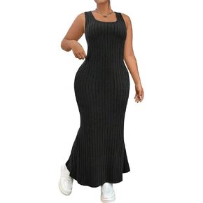 Verdusa Women's Plus Ribbed Knit Long Dress Scoop Neck Sleeveless Fishtail Maxi Tank Dress