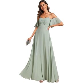 Ever-Pretty Women's Ruffle Sleeve Bridemaid Dress Off Shoulder Pleated A Line Chiffon Long Formal Dress 02013