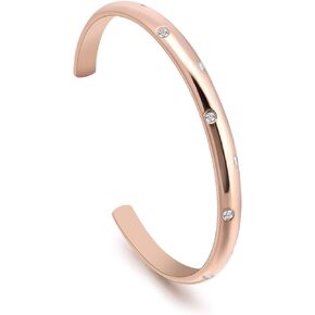 B.Tiff Rose/Yellow Gold Plated Stainless Steel Round 8-Stone Starlight Pave Bangle Open Cuff Bracelet Fashion Jewelry For Women Men Unisex, Adjustable