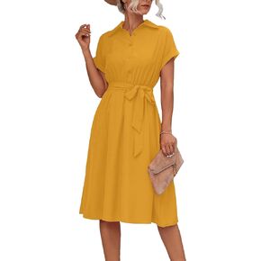 Vrtige Women's Collar Neck Button Down Tie Waist Short Sleeve A Line Midi Shirt Dress