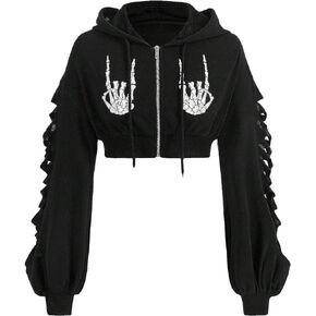 WDIRARA Women's Skeleton Skull Graphic Print Hoodie Drop Shoulder Drawstring Sweatshirt Zipper Up Long Sleeve Crop Top
