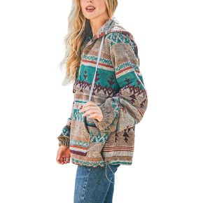 chouyatou Women's Tribal Aztec Print Hooded Half Zip Fuzzy Fleece Hoodie Sweatshirt Tops