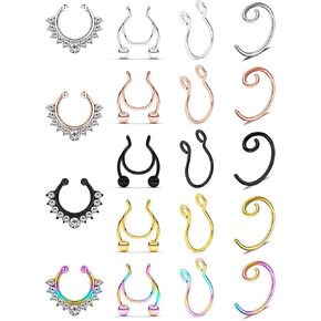 SCERRING Fake Septum Nose Hoop Rings Clear CZ Faux Non Pierced Clicker Hanger Nose Septum Ring Clip On Body Piercing Jewelry 19PCS