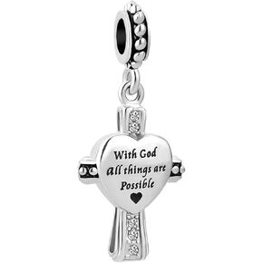 God Jesus Cross Charm Compatible with Pandora Bracelet Bible Matthew Family Christmas Necklace Pendant Verse Love Heart Silver Gift Dangle Clear CZ Birthday Anniversary