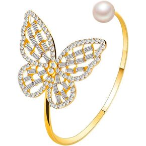 Gold Crystal Butterfly Pearl Bangle Bracelet Hollowout Zircon Butterfly Bracelet Opening Adjustable Bracelet Jewelry Gift for Women Girls