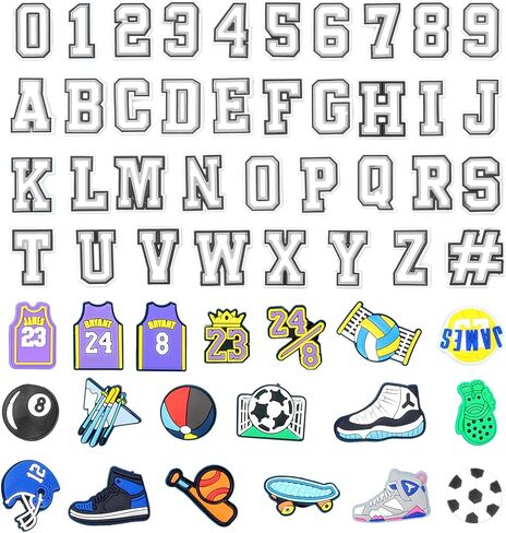 Sainyarh 56pcs الأحذية سحر الديكور، الرياضة الحروف عدد الأحذية سحر تمساح المقابس أزرار Gibbets للأطفال الصغار الأولاد الرجال قباقيب الأحذية، حفلة عيد ميلاد هاواي شاطئ هدايا الحفلات in Kuwait