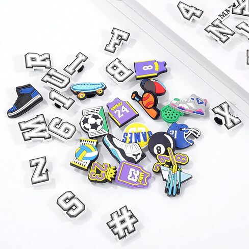 Sainyarh 56pcs الأحذية سحر الديكور، الرياضة الحروف عدد الأحذية سحر تمساح المقابس أزرار Gibbets للأطفال الصغار الأولاد الرجال قباقيب الأحذية، حفلة عيد ميلاد هاواي شاطئ هدايا الحفلات in Kuwait