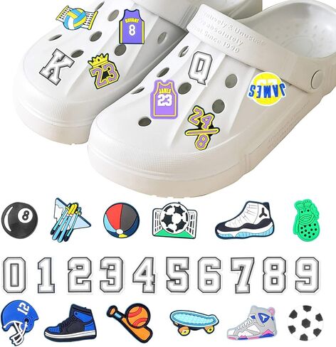 Sainyarh 56pcs الأحذية سحر الديكور، الرياضة الحروف عدد الأحذية سحر تمساح المقابس أزرار Gibbets للأطفال الصغار الأولاد الرجال قباقيب الأحذية، حفلة عيد ميلاد هاواي شاطئ هدايا الحفلات in Kuwait