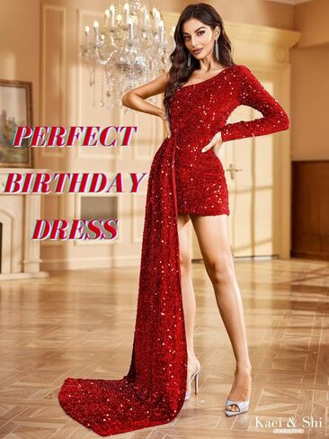 Kaei&Shi Sequin Velvet Dress, High Low, One Sleeve, Sparkly Cockail Outfit in Kuwait