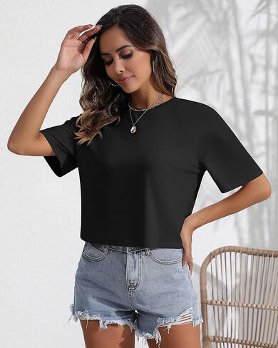 2 قطعة المرأة تي شيرت قصير الأكمام المحاصيل القمم المرأة طاقم الرقبة تيز نصف كم تجريب اقتصاص تي شيرت in Kuwait