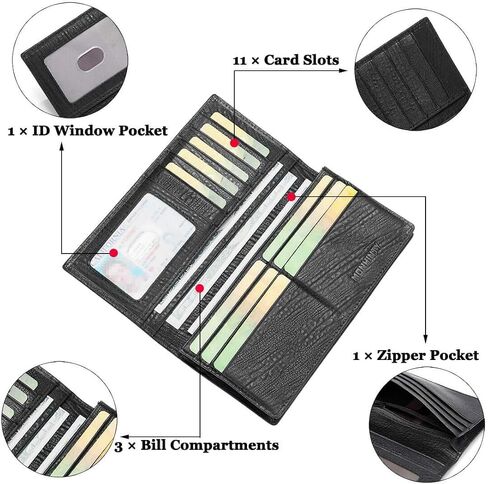 Men's Genuine Leather Multi-Card Long Bifold Wallet For Checkbook Black in Saudi Arabia