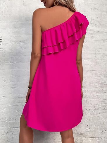 COZYEASE Women's Solid One Shoulder Sleeveless A Line Short Dress Tiered Layer Ruffle Trim Party Dress in Saudi Arabia
