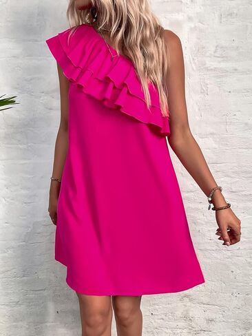 COZYEASE Women's Solid One Shoulder Sleeveless A Line Short Dress Tiered Layer Ruffle Trim Party Dress in Saudi Arabia