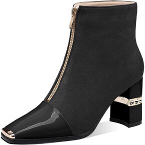 JiaBinji Women Ankle Booties Square Toe Chunky High Heel Boots Zipper Black Casual Booties for Women