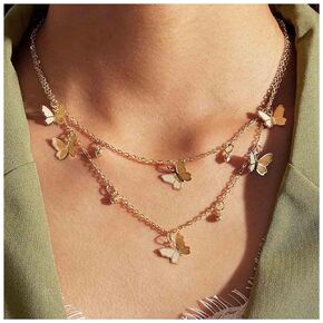 Boho Layered Butterfly Necklace Choker Gold Tiny Butterfly Dangle Necklace Flying Butterfly Choker Double Layer Necklace Chain Jewelry for Women and Girls