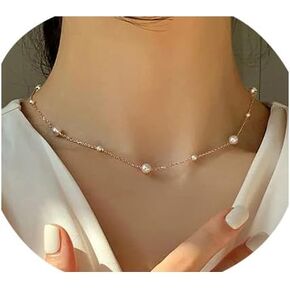 Dainty Pearl Choker Necklace Adjustable Pearl Beaded Chain Necklace for Women Girls Delicate Mother's Valentine Bridesmaid Wedding Jewelry Gifts