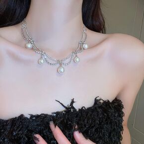 Wiwpar Bohemia Sparkly Rhinestone Pearl Choker Necklace Dainty Layered Necklace Silver Chain Jewelry Prom Party Costume Jewelry for Women and Girls
