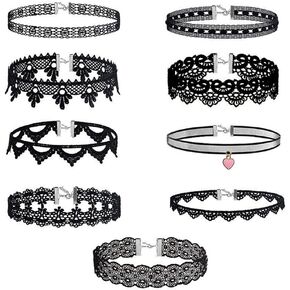 Hewill Tattoo Lace Choker Necklace for Women Girls Wide Lace Velvet Collar Necklace Classic Gothic Necklaces Set 9Pcs
