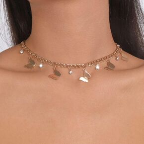 Missgrace Boho Punk Vintage Shiny Silver Gold Rhinestones Butterfly Choker Necklace for Women Chunky Short Necklace Silver Chain Necklace Jewelry for Women