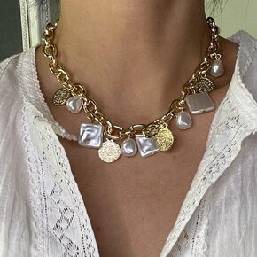 Xerling Coin Pendant Necklace Punk Chunky Chain Irregular Pearl Choker Necklace for Women Teen Girls Personalized Coin Tassel Necklace Boho Cuban Chain Necklace