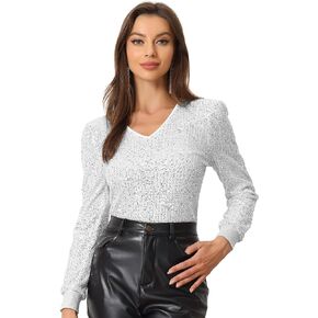 بلوزة Allegra K Sequin Top للسيدات برقبة على شكل V للحفلات وبلوزة معدنية لامعة
