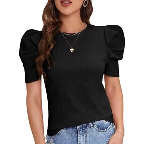 MakeMeChic Women's Elegant Puff Sleeve Crewneck Solid Blouse Shirt Top