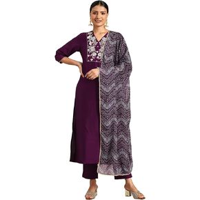 Janasya Indian Women's Purple Crepe Silk Yoke Embroidered Kurta with Pant and Dupatta