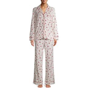 Secret Treasures Women's Cardinal Print Winter White Long Sleeve Notch Collar Pajama Sleep Set