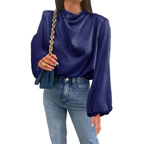 Famulily Women Elegant Long Puff Sleeve Cowl Neck Blouse Tops Pleated Shoulder Ruched Satin Silky Blouses Shirts