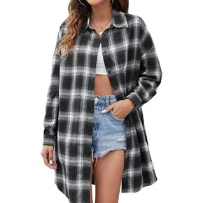 HangNiFang Long Flannel Shirts for Women Button Down Plaid Shirts Dresses Pocketed