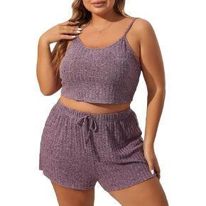 GORGLITTER Women's Plus 2 Piece Cami Lounge Outfit Set Ribbed Knit Top and Shorts Pajama Set Sleepwear Loungewear in Saudi Arabia