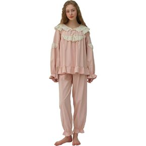 ULLALA Pajamas for Women Vintage Long sleeve 30'S Cotton Lily2t Two-Piece Peach Soft Sleepwear 2Piece one Size in Kuwait