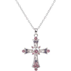 TEAMER Pink Crystal Cross Pendant Necklace Gothic Punk Colorful Cross Zircon Choker for Egirl Eboy Woman