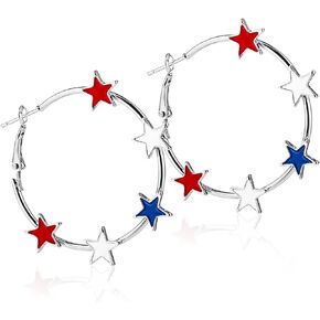 Pingyongchang Red White Blue Star Hoop Earrings 4th of July Earrings for Women Girls Independent Day Circle Earrings American Flag Patriotic Earrings Holiday Jewelry Gifts