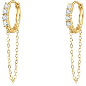 925 Sterling Silver Cz Huggie Hoop Earrings with Chain, Dainty Chain Drop Dangle Hoop Earrings for Women