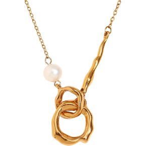 Gold Irregular Interlocking Rings Pendant Necklace, 18K Gold Plated Double Circle Necklace, Tiny Freshwater Pearl Pendant Necklace, Fashion Eternity Circles Jewelry for Women Girls