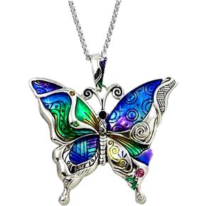 Diana L Boutique Silvertone Colorful Butterfly Pendant Necklace 24" Stainless Steel Chain