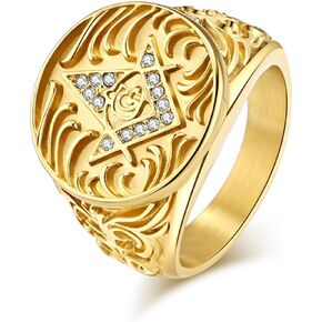 HETIMXIA CZ Masonic Freemason Ring for men 316 Stainless Steel Men's Ring style Iced Out Jewelry Punk Ring Hip Hop Heavy Metal Ring mens fashion rings Father's Day gifts Jewelry Gift for Men