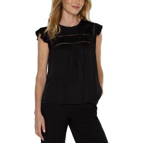 Liverpool Women's Flutter Sleeve Woven Sateen Blouse with Trim Detail