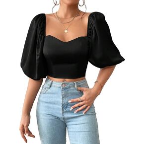 SweatyRocks Women's Half Puff Sleeve Sweetheart Neck Shirt Casual Shirred Slim Fit Crop Blouse Top