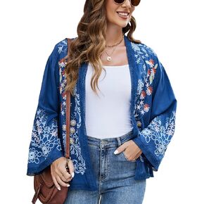 LauraKlein Women's Long Sleeve Embroidered Mexican Cardigan Loose Open Front Casual Blouse Tops